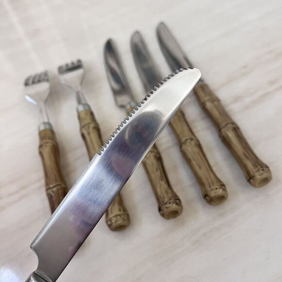 Vintage Faux Bamboo Stainless Steel Flatware 2 Dinner Forks + 4 Knives - Picture 4 of 9